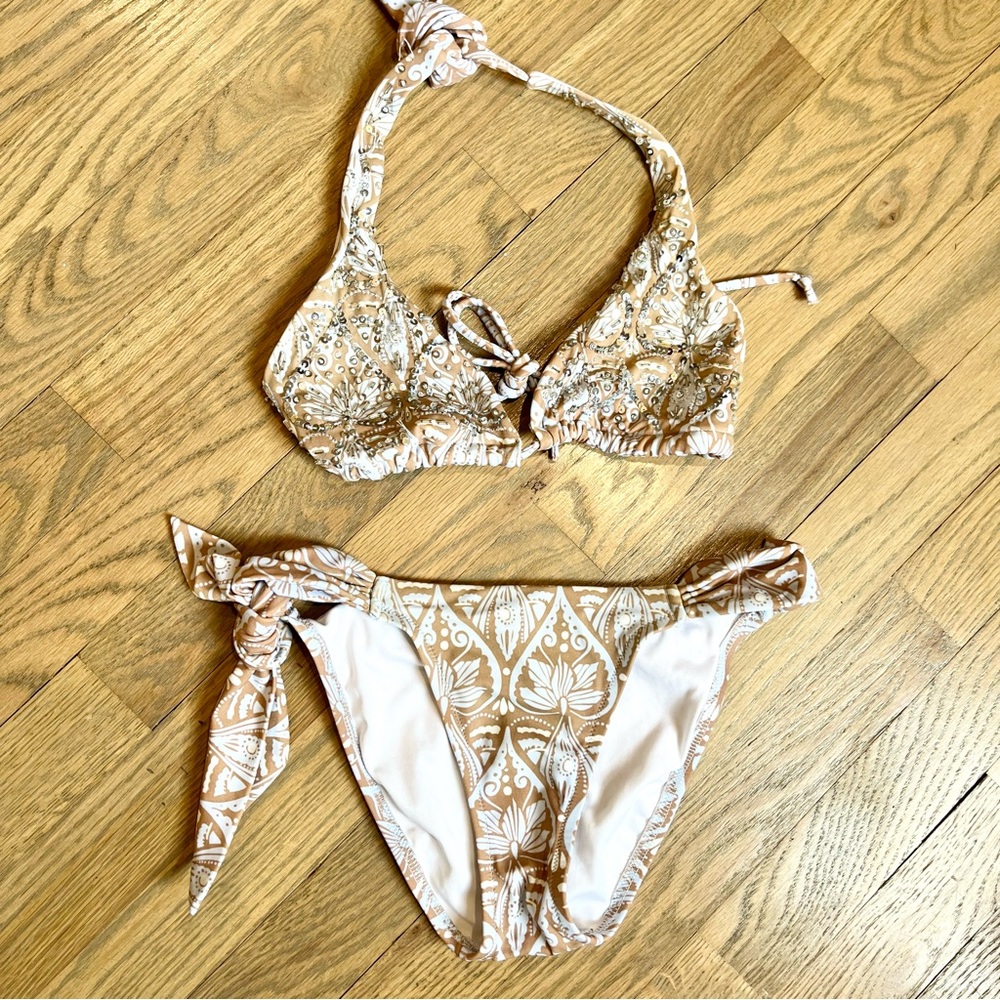 Victoria’s Secret tan and blue paisley swimsuit with sequence